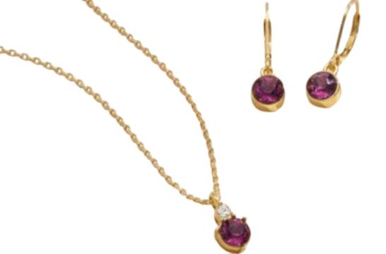 Colllection Paimas,set of earrings and necklace 24k Gold Plated Earrings with the screw back ,bathed in 24 -karat gold,bronze yellow color,brilliant with fine crystals in translucent and purple 